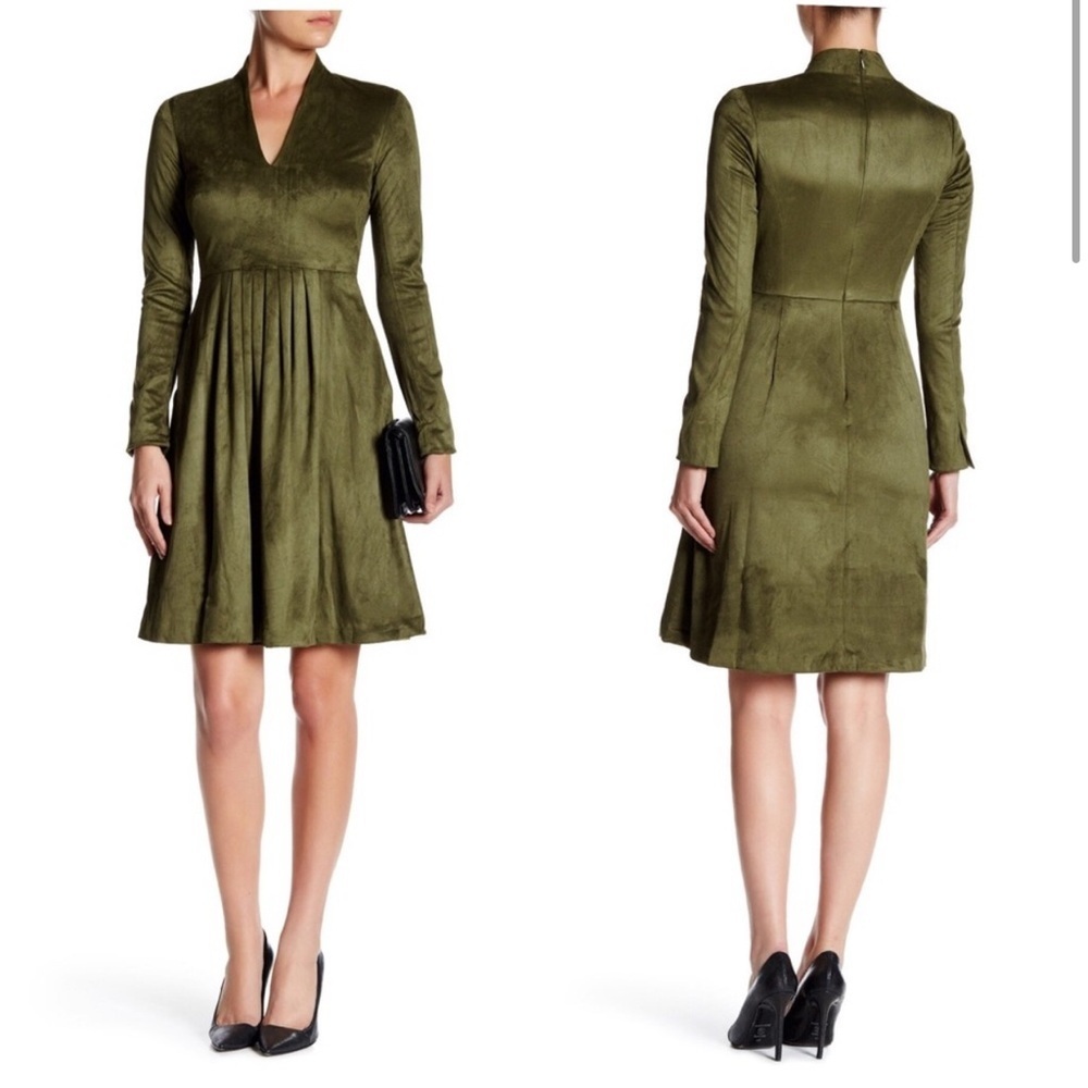 Catherine Malandrino Faux Suede Pleated Skirt Long Sleeve Dress Roasted Okra: 10